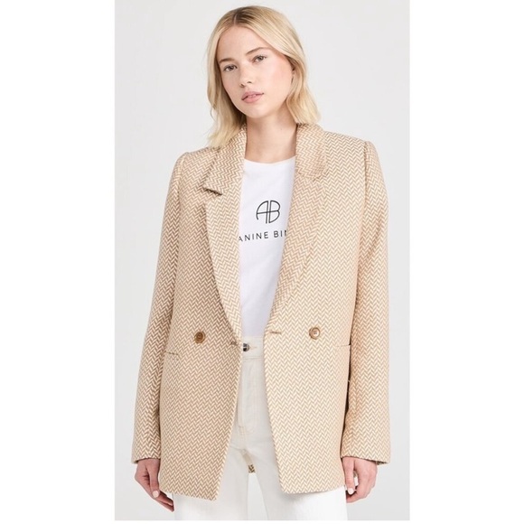 Anine Bing Tweed Fishbone Herringbone Double Breasted Blazer Jacket Tan Small - Picture 3 of 15